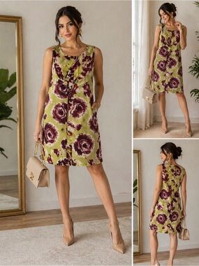 Simply Vera Wang Floral Dress Size 16 Green Burgundy Pleated Chic.